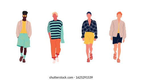 Collection of young men dressed in fashionable clothes isolated on white background. Set of guys wearing trendy apparel. Bundle of street style outfits. Flat cartoon colored vector illustration.