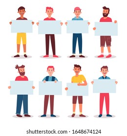 Colección de jóvenes con carteles en blanco. Conjunto de personajes de caricatura masculinos de cuerpo completo. Ilustración vectorial colorida en estilo plano. Aislado sobre fondo blanco.