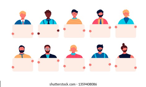 Collection of young men holding empty clean banners placards in hands. Set of portrait avatar with male of different races african american caucasian european. Vector illustration in flat style