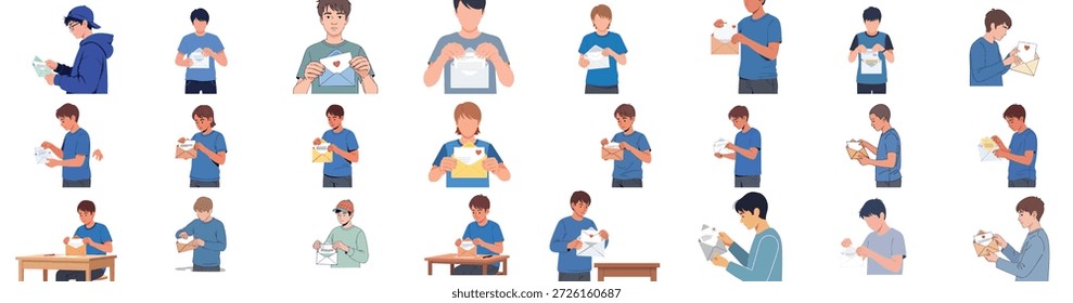 Coleção de Jovens Homens Abrindo, Lendo e Manipulando Cartas ou Notas de Amor, Representando Correspondência Pessoal e Conceitos de Comunicação na Ilustração Vetorial.