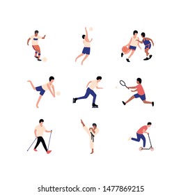A collection of young men performing various physical activities. 
A bunch of male cartoon character playing volleyball, volleyball, football and other. Colorful flat vector illustration.