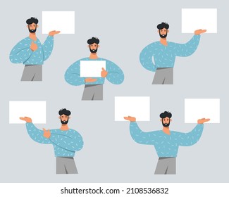 Collection of young men showing on a white board, poster, banner. Business presentation, sale offer or advertising concept.  Flat vector illustration.