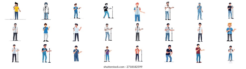 Colección de hombres jóvenes hablando o cantando en un micrófono, ilustrando la actuación pública, presentación o conceptos de comedia de pie en varias poses.