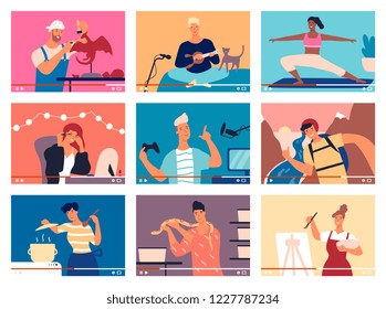 Collection of young men and women demonstrating their skills or teaching through internet. Bundle of video guides, DIY tutorials or webinars. Colorful vector illustration in flat cartoon style.