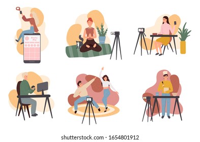 Collection of young men and women demonstrating their skills or teaching through internet. Bundle of video guides, DIY tutorials or webinars. Colorful vector illustration in flat cartoon style.