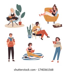 Collection of young men and women reading. Hobby home, student study and preparing for examination, book lovers, readers. Flat cartoon vector illustration.