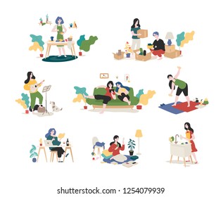 A collection of young men and women spends the weekend at home - gathering things, playing the guitar, reading books, surfing the Internet, doing the dishes, preparing. Vector.  Color illustrations.