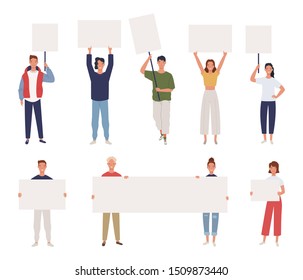 Collection of young men and women standing and holding blank banner. Male and female protesters or activists. Political meeting and protest vector concept isolated