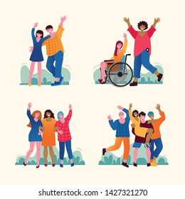 A collection of young people in different groups and poses. Happy young people welcome their hands. Flat Vector Illustration