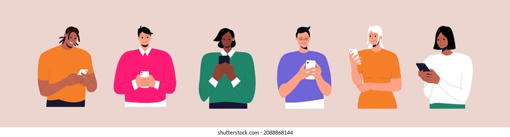 Collection of young people looking on smartphones. Set of people with different ethnic using smartphones. Female and Male Characters collection. Flat Cartoon Vector Illustration. Eps 10.