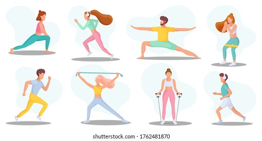 Collection of young people performing sports activities. The concept of sport, gym, yoga, pilates, fitness. Healthy lifestyle. Vector illustration.