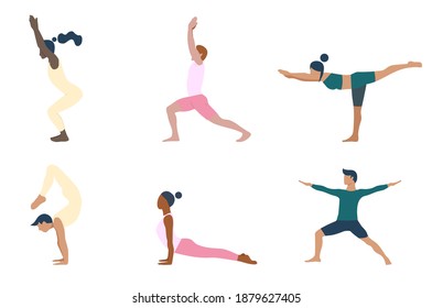 Collection of young people performing yoga asanas. Set of flat cartoon characters demonstrating various yoga positions. Healthy lifestyle. Eps 10.