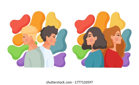 Collection of young people standing back to back. Concept of equal rights for the lgbt community. Vector illustration.