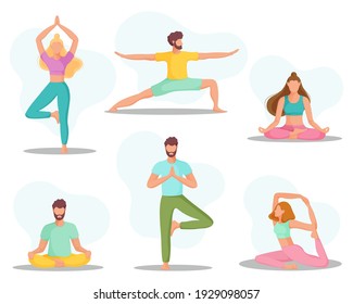 Collection of young people in yoga position. Physical and spiritual practice. The concept of yoga, meditation and relax. Health benefits for the body and mind. Vector illustration.