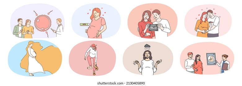 Collection of young pregnant woman and man waiting for baby born. Set of happy family excited with pregnancy. Ivf treatment. Childbirth and parenthood concept. Vector illustration. 