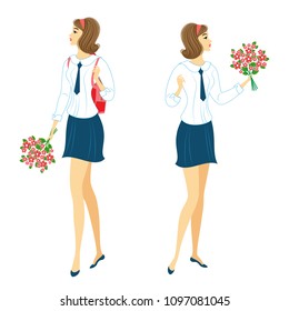 Collection. Young schoolgirls with flowers. The girls are very nice, they are in a good mood. The lady will give the bouquet to the teacher. Set of vector illustrations.