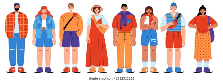 Collection of young stylish people in fashion casual outfits for spring summer season. Women and men wearing trendy clothes. Vector flat illustration.
