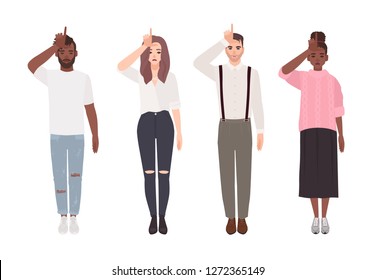 Collection of young unhappy men and women making Loser hand gesture isolated on white background. Group of sad people demonstrating L letter sign. Colorful vector illustration in flat cartoon style.