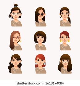 collection of young woman with different modern hair style, long hair, short hair, curly, salon hairstyle and haircut vector illustration. use for fashion image, website image and other.