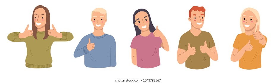 Collection of young woman and man showing thumbs up,like. Vector hand drawn illustratrion. Cartoon style,flat design.