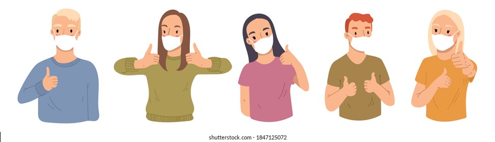 Collection of young woman and man showing thumbs up,like with face mask to protect against the virus isolated on white background. Vector hand drawn illustratrion. Cartoon style,flat design.