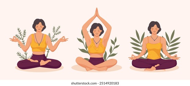 Collection of young woman meditating in nature and leaves. Concept illustration for yoga, meditation, relax, recreation, healthy lifestyle. Trendy flat vector illustration.