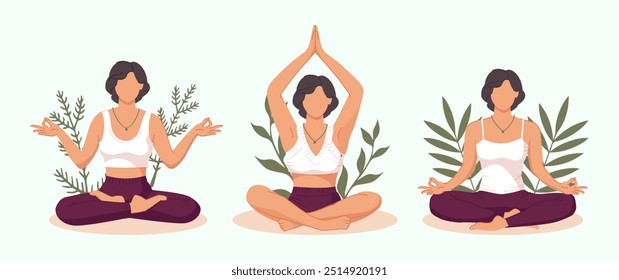 Collection of young woman meditating in nature and leaves. Concept illustration for yoga, meditation, relax, recreation, healthy lifestyle. Trendy flat vector illustration.