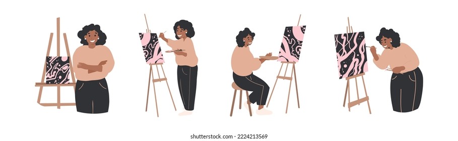 Collection of Young Woman painter,  siting at ease. Cartoon flat vector illustration. Hobby, art studio concept.