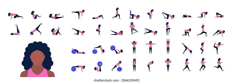 Collection of young woman performing exercises isolated on a light background. Various workout. Colorful flat vector set.
