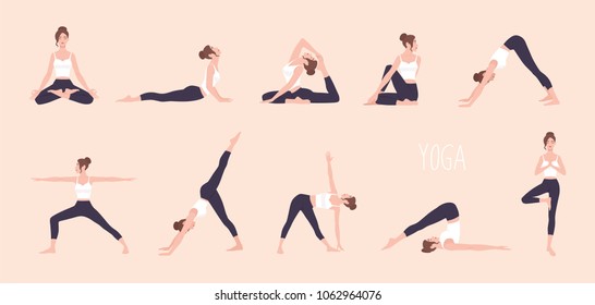 Collection of young woman performing physical exercises. Bundle of female cartoon character demonstrating various yoga positions isolated on light background. Colorful flat vector illustration.