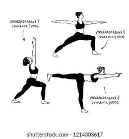Collection of young woman performing  virabhadrasana I,II,III isolated on white background. Black and white flat vector illustrations for clothes, cards, posters, wrapping paper.