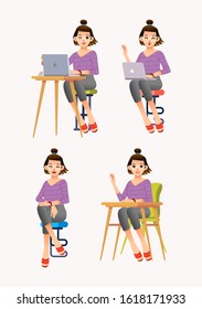 collection of young woman sitting on chair in casual clothes posing with laptop vector illustration.use for website image, infographic and other.