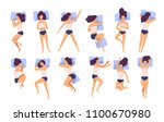 Collection of young woman sleeping in bed in various poses. Set of female cartoon character lying in different postures during night slumber. Top view. Colorful vector illustration in flat style