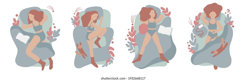 Collection of young woman sleeping in bed in various poses. Set of female cartoon character lying in different postures during night slumber. Top view. Colorful vector illustration in flat style