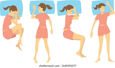 Collection of young woman sleeping in bed in various poses. Top view. Set of girl in pajama sleeping in different poses. Cartoon illustration. Vector