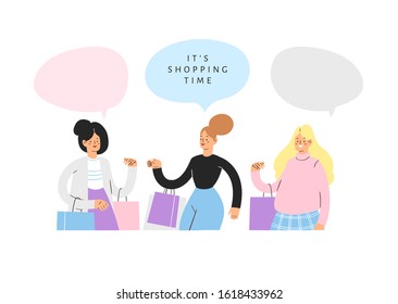 Collection of young women carrying paper bags and talk about shopping. Happy girls set taking part in seasonal sale at store, shop, mall with speech bubbles. Cartoon characters isolated on white