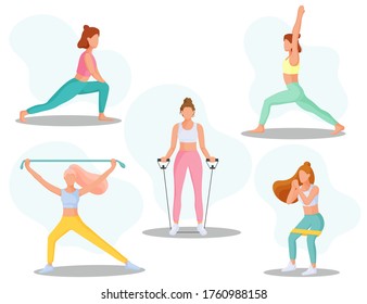 Collection of young women doing fitness exercises. The concept of sport, gym, yoga, pilates, fitness. Healthy lifestyle. Vector illustration.