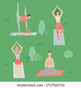 Collection of young women, doing yoga class, making different asanas outside in city park. Vector design, seamless pattern