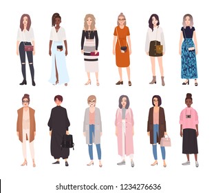 Collection of young women dressed in trendy clothes isolated on white background. Set of girls wearing stylish apparel. Bundle of street style outfits. Flat cartoon colorful vector illustration.