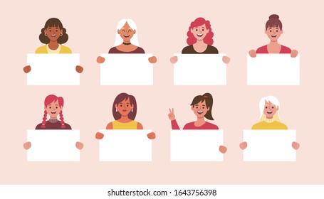 Collection of young women holding blank placards. Happy women holding a banner. Vector illustration in flat style.