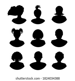 Collection of young women and men avatars made in flat style vector. Black silhouettes. Different characters. Easy to use for social media or web site.
