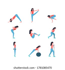 Collection of young women performing exercises isolated on a light background. Colorful flat vector set.