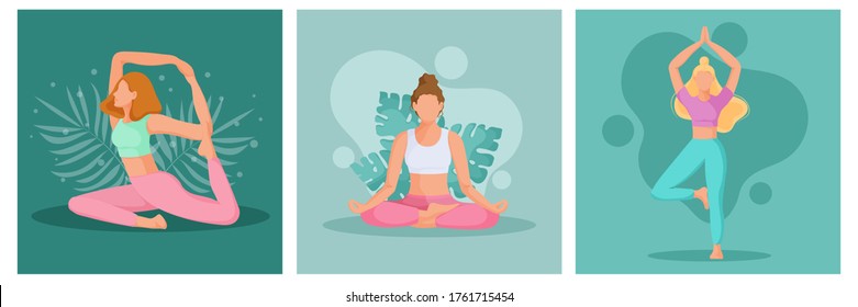 Collection of young women in yoga position. Physical and spiritual practice. The concept of yoga, meditation and relax. Health benefits for the body, mind and emotions. Vector illustration.