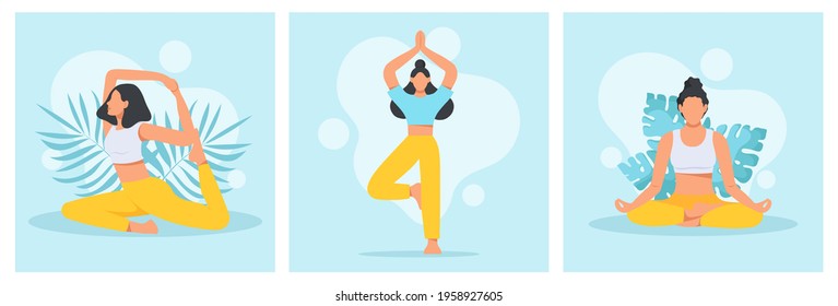 Collection of young women in yoga position. Physical and spiritual practice. The concept of yoga, meditation and relax. Health benefits for the body, mind and emotions. Flat vector illustration. svg