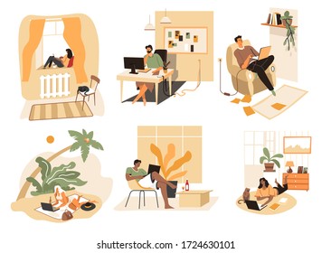 Collection of youth using laptops for entertainment or work. Freelancers at workplace or personages relaxing in room. Gadgets and modern technologies for chat and communication, vector in flat style