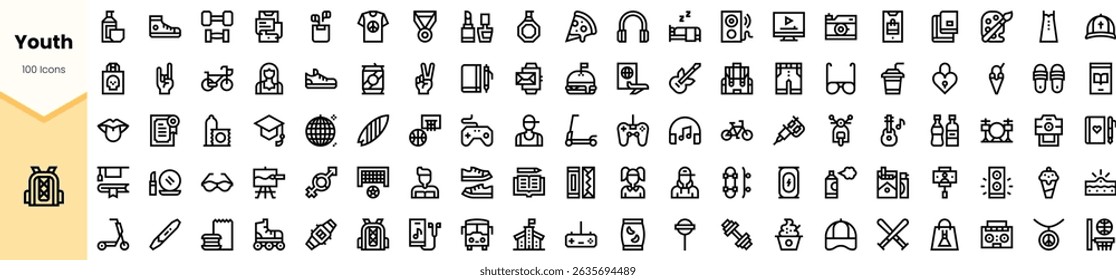 A collection of youth-related icons showcasing diverse interests including technology, music, sports, and leisure. Perfect for vibrant, youthful designs.