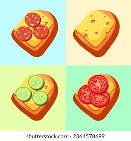 Colección de sándwiches de queso delicioso con tomate fresco, pepino y salchicha. Sabrosa ilustración vectorial de comida rápida. Aperitivos nutritivos en un estilo plano.
