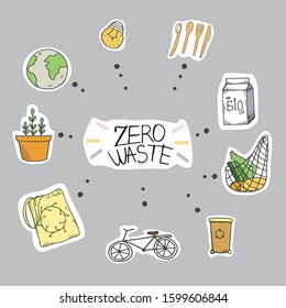 A collection of Zero Waste durable and reusable products or products, bags for eco groceries, wooden cutlery, a comb, a toothbrush and brushes. Flat vector illustration.