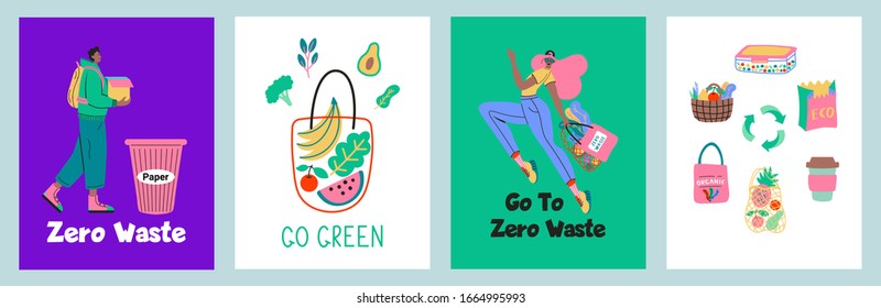 Collection of Zero Waste durable and reusable greeting card - glass jars, eco grocery bags, wooden cutlery, comb, toothbrush and brushes, thermo mug. Flat vector set illustration 