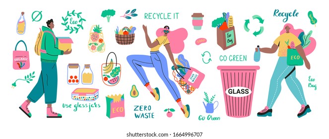 Collection of Zero Waste durable and reusable items or products - glass jars, eco grocery bags, wooden cutlery, comb, toothbrush and brushes, thermo mug. Flat vector set illustration 